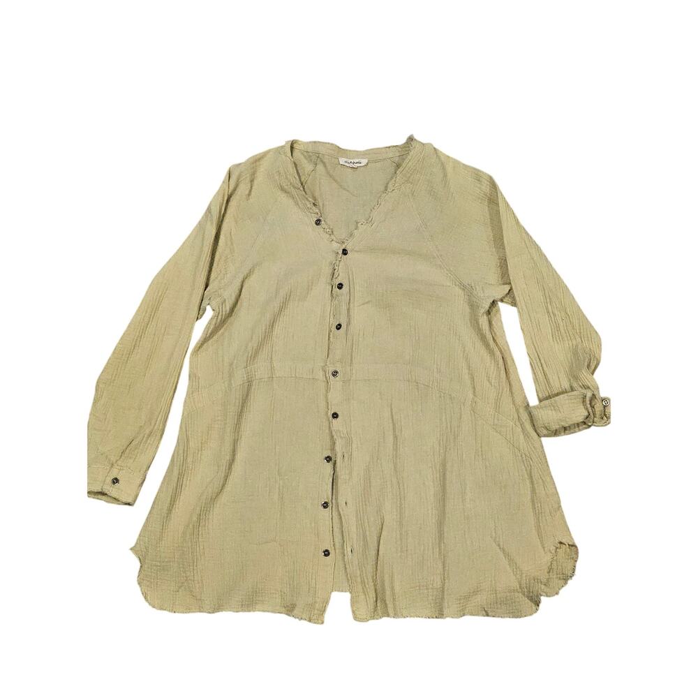Oli & Hali gauze cotton button down tunic top sage green womens medium boho